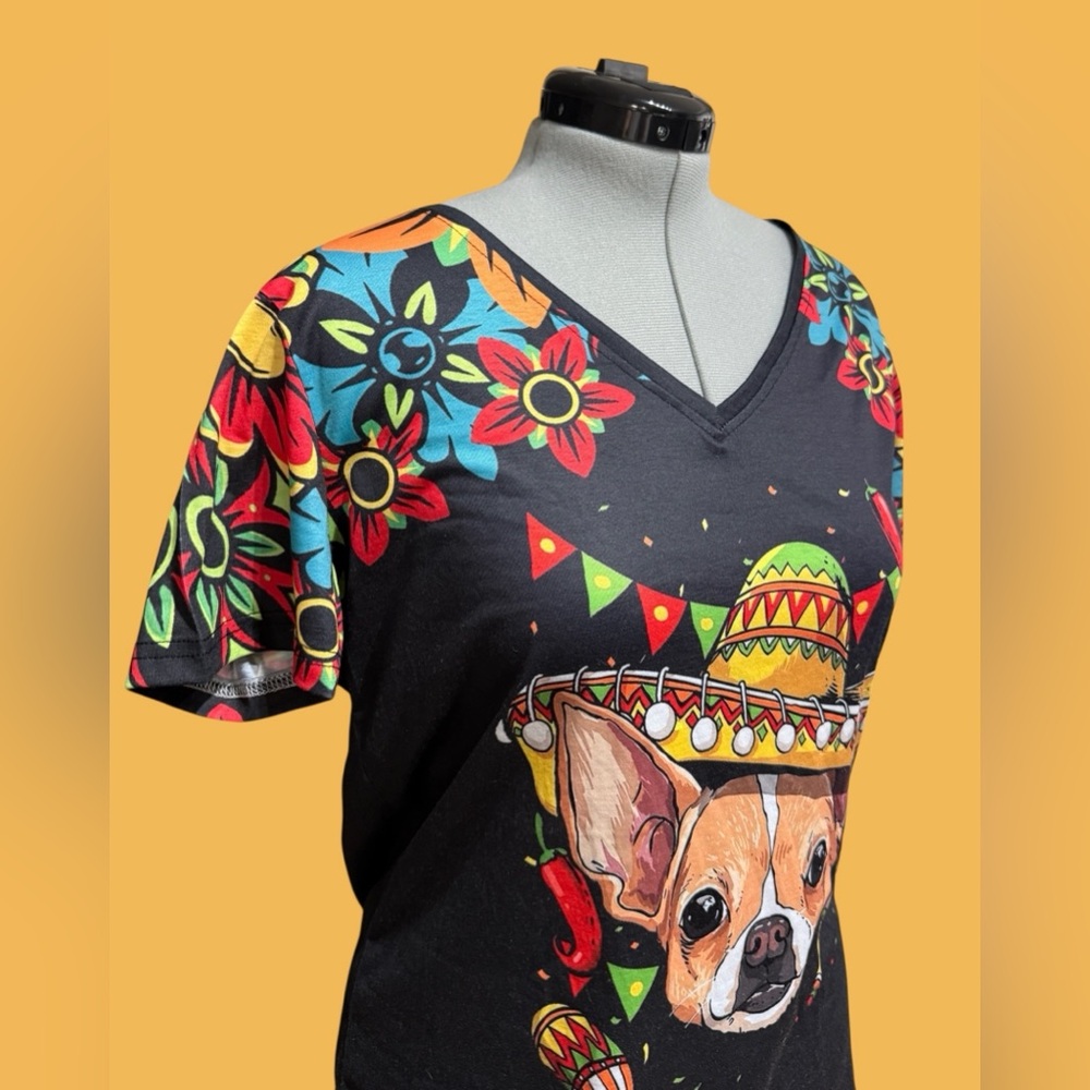Fun Chihuahua Floral Mexico Cinco de Mayo Graphic Short Sleeved Top - Picture 4 of 9